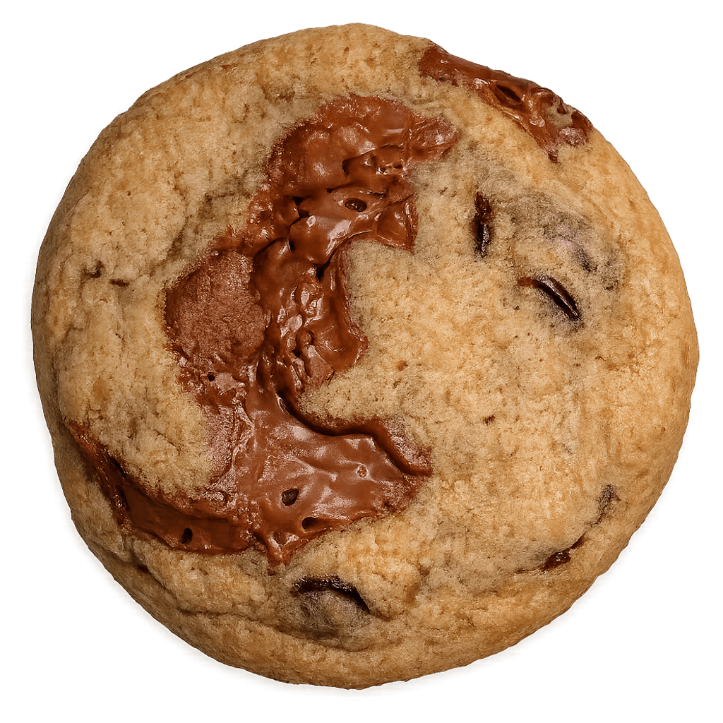 A Chocolate Chunk cookie seen from above, its melted chocolate pooled across a golden crumb.