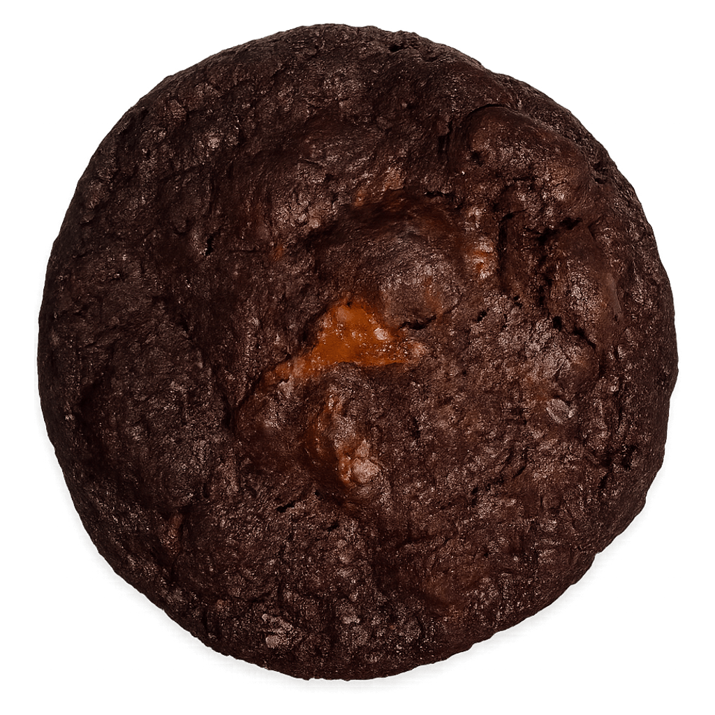 A Dark Chocolate cookie seen from above, the Nutella showing through its dark crust.