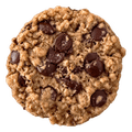 An Oats Chocolate Chip cookie seen from above, its oat crumb studded with dark chocolate chunks.