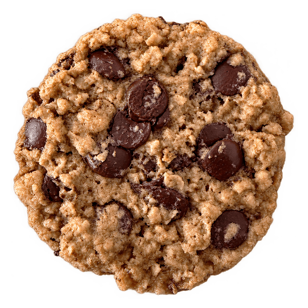 An Oats Chocolate Chip cookie seen from above, its oat crumb studded with dark chocolate chunks.