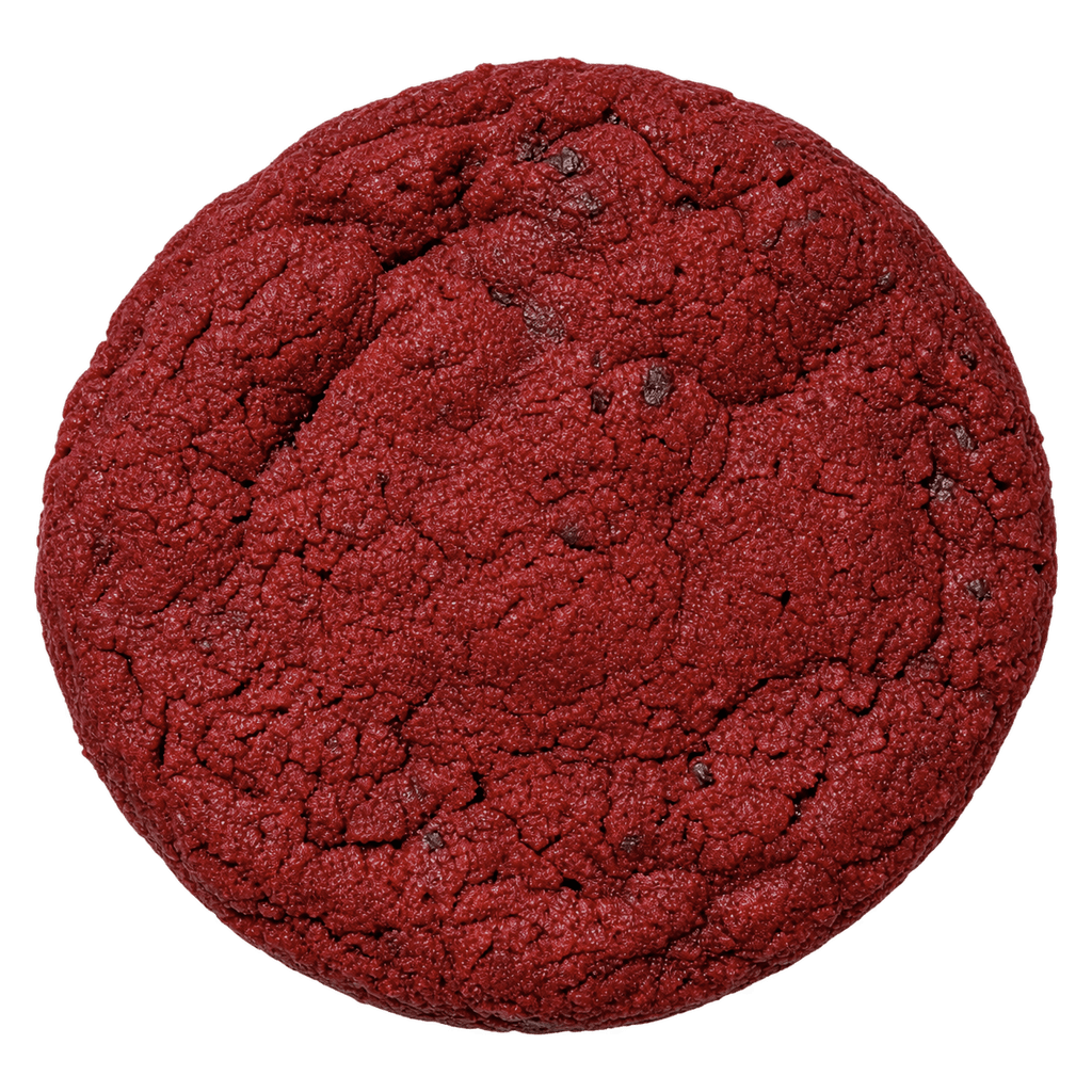 A Red Velvet cookie seen from above, deep red and cracked across the top.